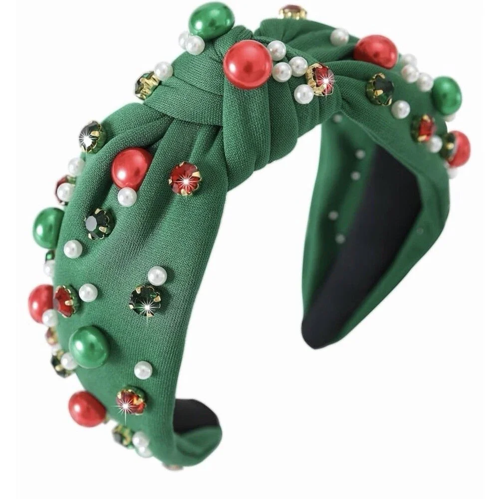 Green Christmas Pearl Rhinestone Non Slip Wide Top Knotted Headband Crystal